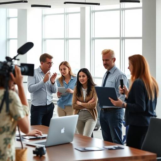 A diverse group of employees collaborating in a modern office setting, highlighting corporate video production.