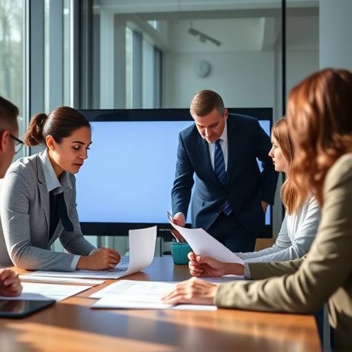 A screen capture from a corporate training video, depicting employees collaborating around a table, reviewing documents.