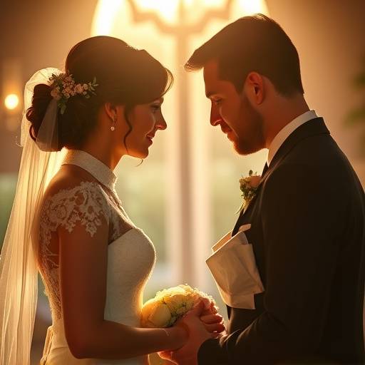A still from a wedding video showing the bride and groom exchanging vows during the ceremony.