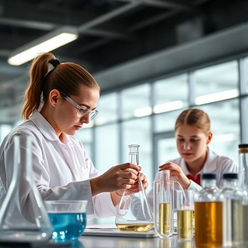 Educational video screenshot, showing a science teacher conducting an experiment with students in a modern laboratory setting, focused on hands-on learning.