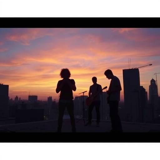 Music video still, featuring an indie band performing on a rooftop overlooking the city skyline at dusk, silhouetted against the fading light.
