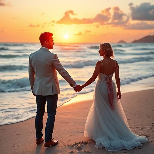 Romantic beach wedding scene, showing the bride and groom holding hands as they walk along the shoreline at sunset.