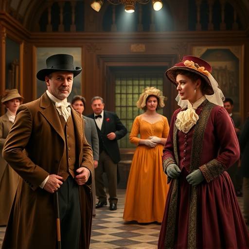 Screen capture from an educational video series showing actors in period costumes enacting a historical event in a museum.