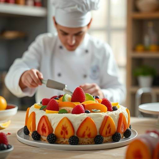 Screenshot from a commercial video for a local bakery. The video shows a baker decorating a cake with fresh fruit.