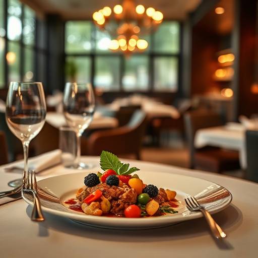 Still image from a commercial, showcasing a beautifully plated dish in a high-end restaurant, with soft, inviting lighting.